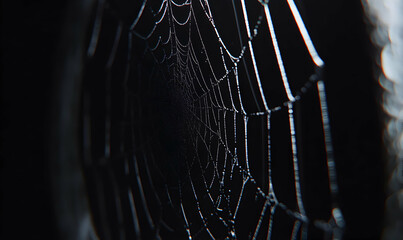 Intricate spiderweb glistening with morning dew, dramatic dark background, close-up perspective.