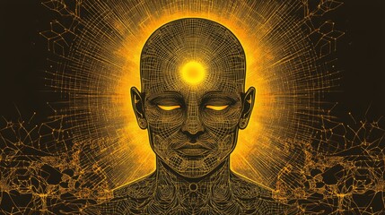 Wall Mural - a shadowed figure with a luminous third eye, encircled by intricate fractal designs, representing el