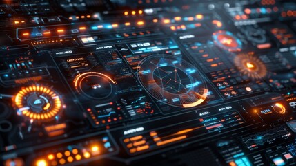 Leinwandbilder - A detailed digital dashboard shows various data visualizations and metrics in vibrant neon colors, highlighting advanced technology and intricate design elements.