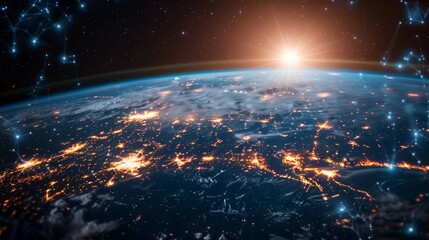 Fototapete - Earth is showcased from space with the sun rising over the horizon, highlighting city lights sparkling at night. The curvature of the planet is visible, contrasted against starry darkness.
