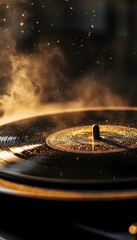 Aufkleber - An old vinyl record spinning on a turntable, bathed in warm golden light, the dust dancing in the air, cinematic nostalgic detail