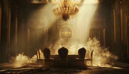 Leinwandbilder - A grand ballroom frozen in time, dust settling over velvet chairs, a golden chandelier reflecting the last light of the evening, cinematic haunting elegance