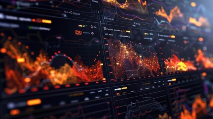 Poster - Multiple screens display vibrant graphs and charts representing fluctuating market trends, with data points illuminating the current state of trading activities in real time.