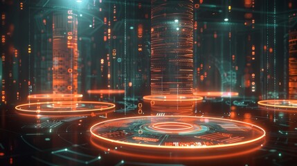 Fototapete - A futuristic digital setting features illuminated cylindrical structures, with floating holographic data and bright orange accents creating a high tech atmosphere.