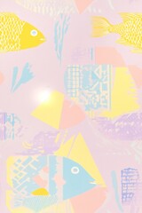Wall Mural - colorful fish swimming in a pastel abstract geometric background