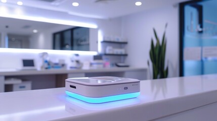 Aufkleber - A sleek device sits on a counter illuminated with soft blue light, accentuating its modern design in a bright, organized professional environment.