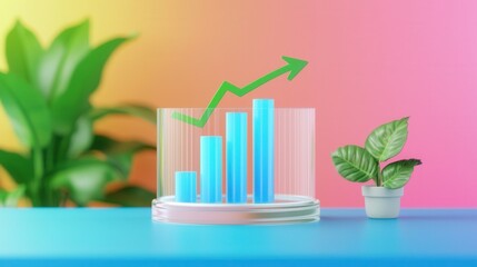 Wall Mural - 3d ascending bar chart with green growth arrow on colorful background