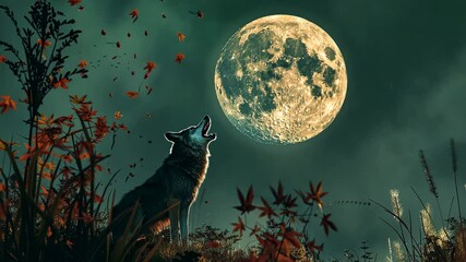 Wall Mural - halloween night with a full moon and a howling wolf, 31st october
