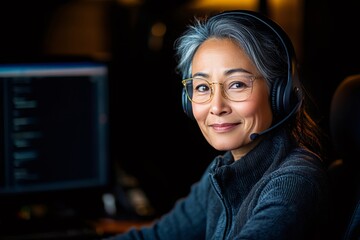 Wall Mural - asian programmer wearing headset working at night on computer code