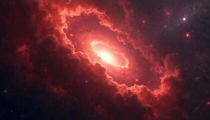 Aufkleber - Spectacular red galaxy in deep space. Light flares surround dark nebula with flocked dust. Abstract universe background with celestial glow evokes mystery, big bang. Outer solar plasma explosion