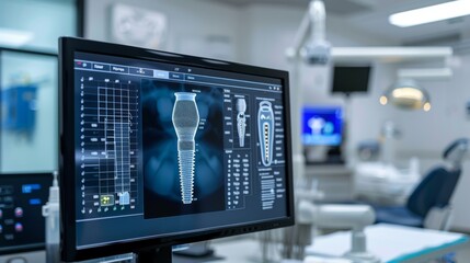 Fototapete - A computer monitor shows detailed designs of dental implants while a dental clinic prepares for patient consultations in a contemporary environment with advanced technology.