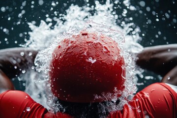 Aufkleber - Hyper-Dynamic Impact Explosive Red Sphere Shattering Water Droplets in Ultra High-Speed Cinematic Motion - Visual Innovation and Creative Performance Capture