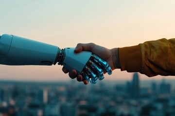 Poster - Future-Forward AI Collaboration Cybernetic Handshake Visualizing Transformative Human-Machine Synergy in Next-Gen Digital Workplace Innovations