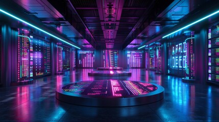 Poster - Brightly lit data center showcases towering server racks and glowing digital displays. Neon colors create a dynamic atmosphere, emphasizing state of the art technology.
