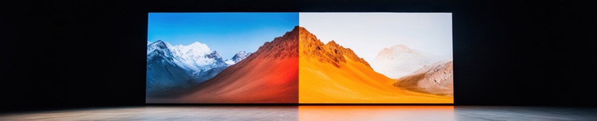Aufkleber - Immersive Digital Landscapes High-Resolution Multi-Screen Display Showcasing Contrasting Mountain Terrains in Ultra-Modern Exhibition Space - Next-Gen Visual Innovation