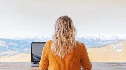 Poster - Digital Nomad Wellness Rustic Remote Work Aesthetic with Mountain Vista - Millennial Productivity and Lifestyle Flexibility in High-Performance Home Office