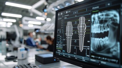 Fototapete - A dental clinic equipped with advanced technology features a computer screen displaying 3D designs of dental implants alongside X ray images of a patient's jaw, emphasizing precision in dental care.