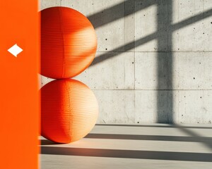 Aufkleber - Minimalist Urban Geometry Vibrant Orange Paper Lanterns Casting Bold Shadows on Raw Concrete - Contemporary Design Aesthetics and Architectural Lighting Concept