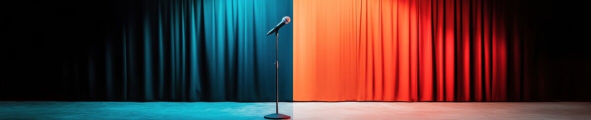 Poster - Cinematic Performance Narratives Retro Microphone Illumination in Color-Blocked Stage Design - Immersive Audio-Visual Creative Expression