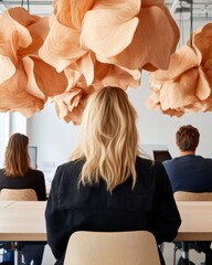 Aufkleber - Soft Sculptural Design Meets Corporate Innovation Millennial Workspace Aesthetics Showcasing Collaborative Team Dynamics in Organic Modern Office Environment