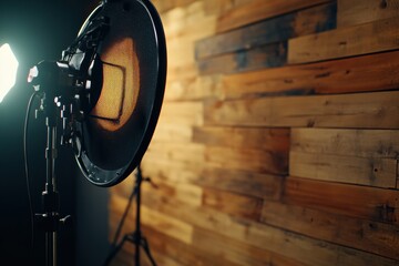 Poster - Acoustic Immersion Professional Podcast Recording Studio with Vintage Wooden Acoustics - Modern Content Creation and Artisanal Sound Design Aesthetic