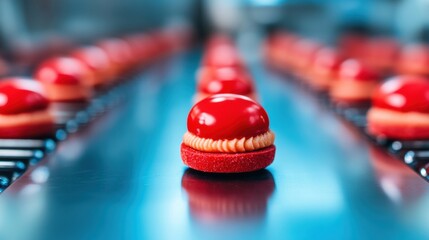 Aufkleber - High-Precision Culinary Robotics Glossy Red Gourmet Patisserie Macaron in Hyper-Focused Industrial Production Line - Artisan Innovation Meets Automated Perfection