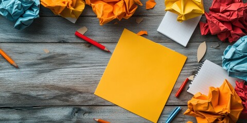 Aufkleber - Creative Brainstorming Workspace Minimalist Productivity Layout with Vibrant Crumpled Paper, Digital Nomad Inspiration for Gen Z Collaboration and Innovation
