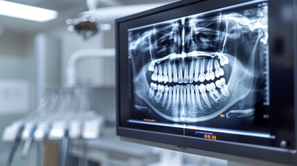 Fototapete - A dental clinic setting features a monitor displaying an X ray of a patient's mouth, highlighting the arrangement of teeth and jaw structure during a dental examination.