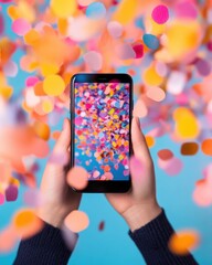 Leinwandbilder - Immersive Digital Color Experience Dynamic Smartphone Interface with Vibrant Holographic Confetti Overlay - Next-Gen Visual Communication for Creative Millennials
