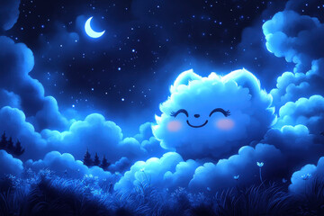 Wall Mural - A blue cloud with a smiling face on it