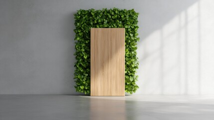Poster - Minimalist Biophilic Design Modern Wooden Panel with Living Green Wall - Sustainable Workplace Wellness and Architectural Innovation for Contemporary Interiors