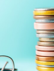 Poster - Minimalist Financial Growth Visualization Pastel Metallic Coin Stack Representing Progressive Investment Strategy and Wealth Accumulation in Modern Economic Landscape
