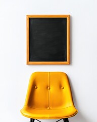 Poster - Minimalist Learning Space Vibrant Yellow Mid-Century Chair with Vintage Chalkboard - Contemporary Educational Design and Creative Workspace Inspiration