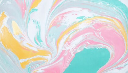 Aufkleber - pastel fluid marble swirl with pink, mint, and yellow tones, abstract acrylic texture for background and artistic design