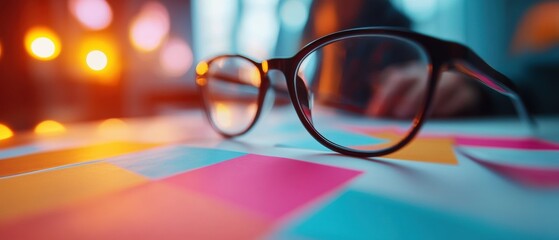 Aufkleber - Immersive Data Visualization Sleek Eyewear on Vibrant Color-Blocking Surface - Innovative Design Meets Digital Creative Workspace Aesthetic