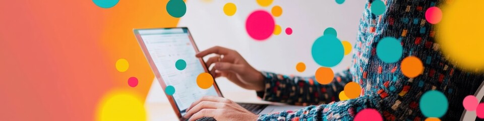 Fototapete - Vibrant Digital Nomad Millennial Creative Workspace Visualization with Playful Data Visualization, Dynamic Remote Work Connectivity and Chromatic Productivity Inspiration