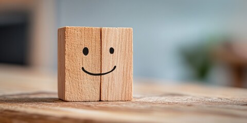 Fototapete - Minimalist Emotional Intelligence Concept Wooden Block Smiley Face Representing Positive Workplace Psychology and Mindful Design Innovation