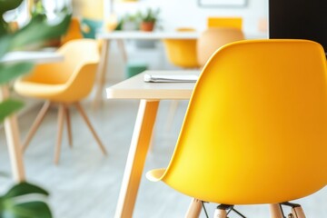 Aufkleber - Vibrant Contemporary Workspace Minimalist Yellow Design Chairs Illuminating Modern Office Aesthetics with Biophilic Green Accents - Innovative Workplace Ergonomics