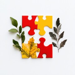 Aufkleber - Eco-Synergy Solutions Biophilic Strategy Visualization with Interconnected Puzzle Pieces and Organic Elements - Sustainable Design Innovation for Modern Business Collaboration
