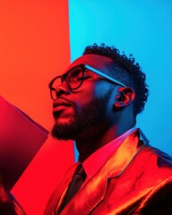 Aufkleber - Y2K Retro-Pop Professional Portrait Bold Chromatic Business Aesthetic Featuring Vibrant Neon-Lit Corporate Style for Modern Workplace Branding