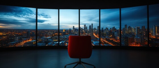 Fototapete - Urban Visionary Workspace Panoramic Cityscape Strategy Hub with Ergonomic Design - Next-Gen Executive Leadership and Strategic Visualization Experience