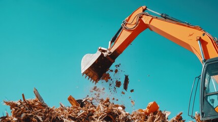 Leinwandbilder - Circular Economy in Action Industrial Excavator Transforming Construction Waste into Sustainable Resource Management Solution - Innovative Recycling Breakthrough for Urban Development