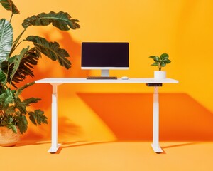 Poster - Vibrant Wellness Workspace Ergonomic Height-Adjustable Standing Desk with Biophilic Design - Modern Productivity and Health-Conscious Professional Solution