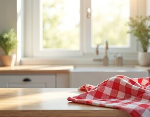 Aufkleber - Wooden table with red checkered tablecloth. Blurred window in background. Clean bright kitchen interior. Sunny light. Fresh cozy home decor with blank tabletop. Rustic design, natural materials for