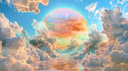 Wall Mural - a peaceful sky with a pastel rainbow background and wispy clouds glowing in sunlight.