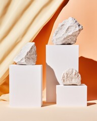 Leinwandbilder - Minimalist Product Display Sculptural Stone Pedestals in Terracotta and White - Innovative Design Staging for Premium Brand Storytelling and Creative Visual Merchandising