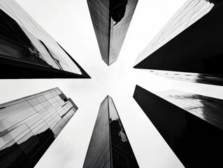 Poster - Geometric Urban Perspectives Minimalist Black and White Architectural Cityscape Showcasing Vertical Momentum and Innovative Design Narratives