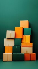 Fototapete - Modular Logistics Visualization Geometric Cardboard Box Stacking Representing Supply Chain Optimization and Digital Era Workflow Efficiency