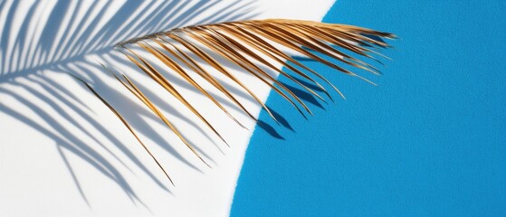 Poster - Minimalist Tropical Texture Exploration Vibrant Golden Palm Leaf Against Cerulean Blue - Contemporary Design Element for Wellness and Creative Branding