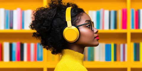 Aufkleber - Vibrant Digital Learning Aesthetics Gen Z Student in Yellow Wireless Headphones Exploring Immersive Educational Resources with Minimalist Confidence